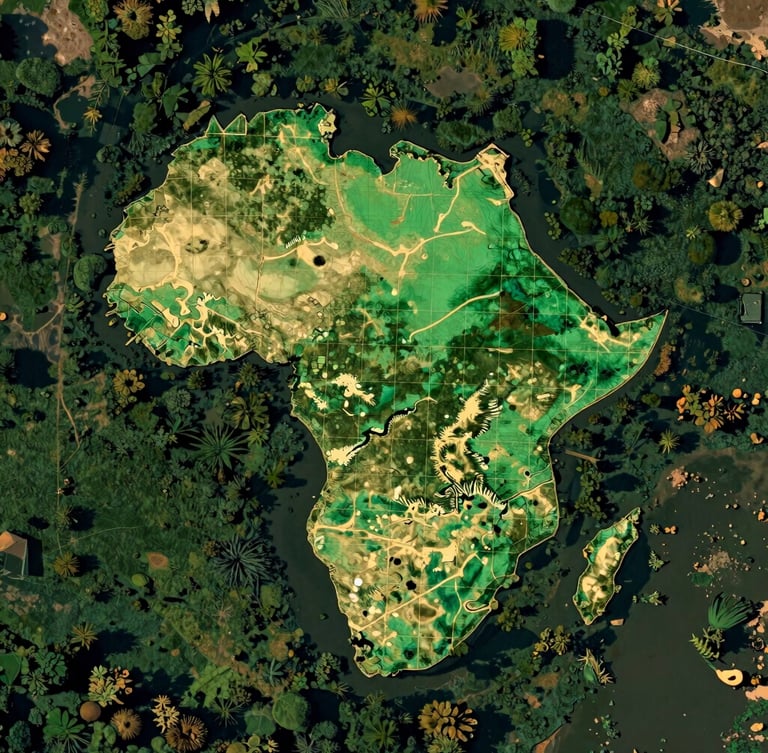 High-contrast digital geospatial visualization map of a West African river delta, showing vegetation density index in emerald green and gold vector grid overlays