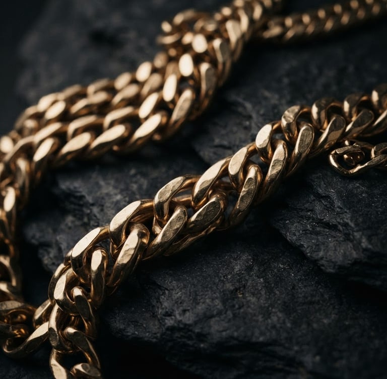 Macro close-up of heavy gold chains resting on dark textured stone, dramatic low-key side-lighting with soft champagne reflections, 35mm