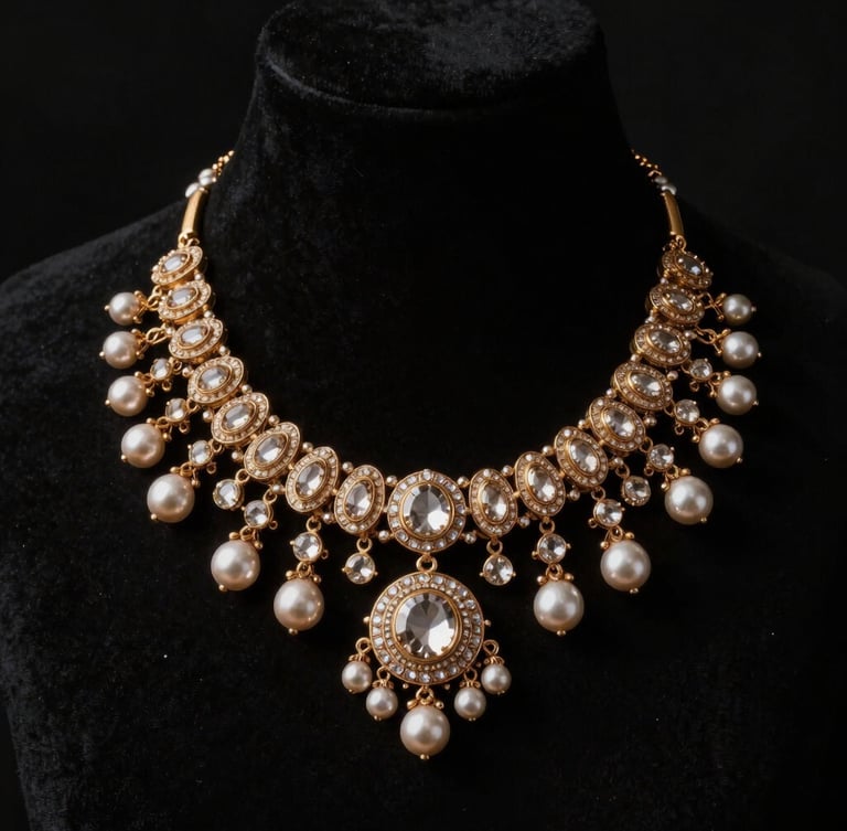 Elegant anonymous silhouette wearing a heavy statement Kundan necklace, dramatic side-lighting, deep black background, luxury editorial style