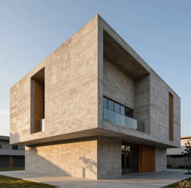 Architectural portrait of a modern concrete monolith with sharp shadows and warm timber details, golden hour.