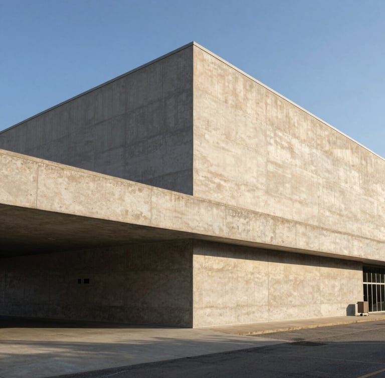 Extreme wide environmental shot of a monolithic concrete commercial building under sharp morning light with deep shadows, architectural photography, 35mm