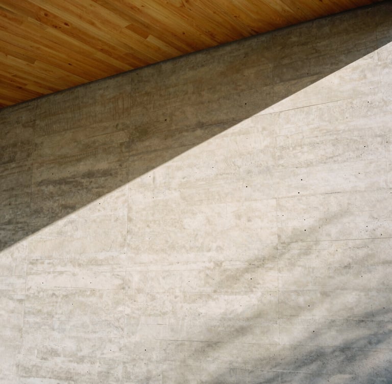 A vertical portrait of a modern concrete wall meeting a warm cedar ceiling, sharp sunlight casting graphic linear shadows across the textures, 35mm