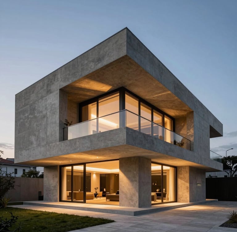 Wide-angle architectural exterior elevation of a modern luxury villa in Istanbul at twilight, sharp concrete lines, warm interior lighting casting geometric shadows, negative space on the left.