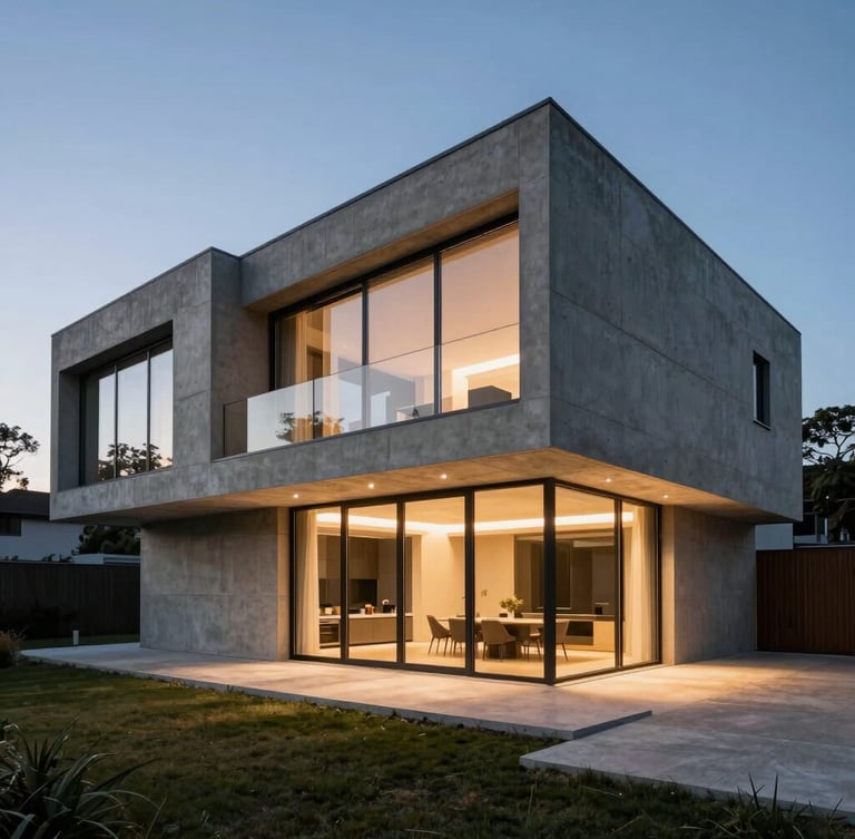 Wide-angle architectural exterior elevation of a modern concrete and glass villa at twilight, sharp geometric lines, warm interior lighting casting long shadows.