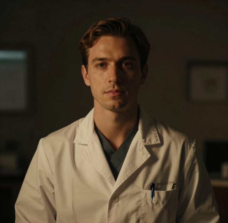 A professional clinical psychologist portrait in low-key lighting, soft focus, dark background, warm ambient glow, highly confidential and sophisticated mood