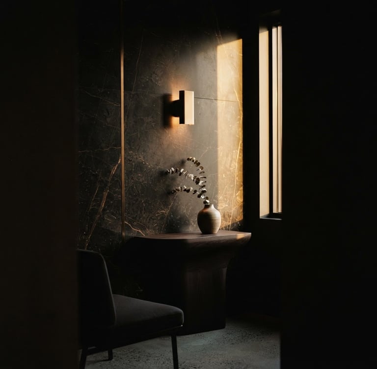 Close-up of a luxury minimalist clinic interior, dark marble wall with a subtle bronze vein, warm golden-hour window light casting long shadows, low-key editorial photography, 35mm