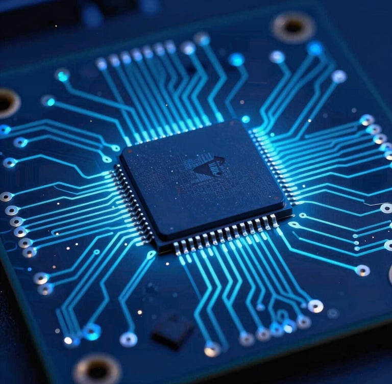 Macro close-up of a high-contrast circuit board, glowing electric cyan traces, sharp focus on a central processor chip, cool studio lighting