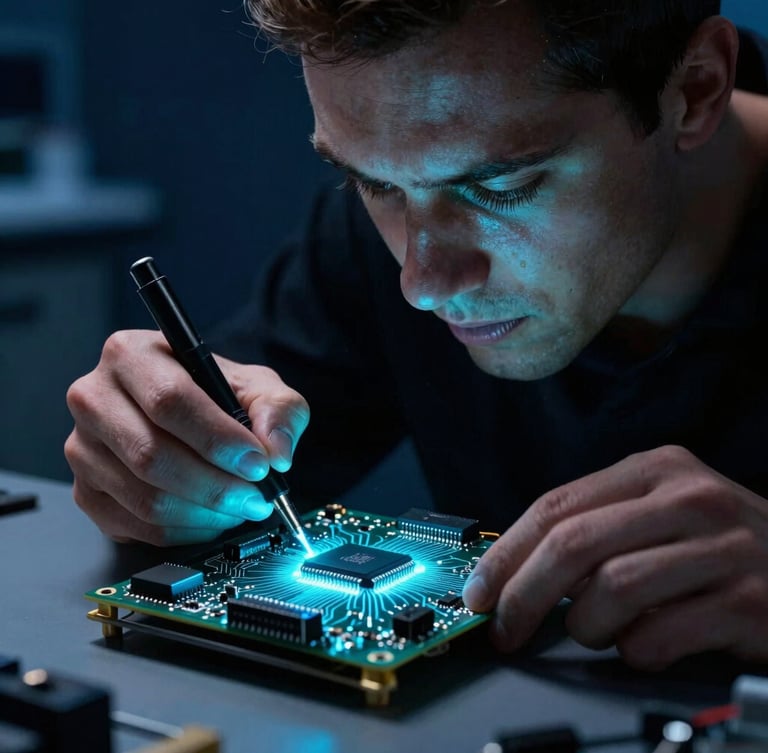Medium close-up of a professional in a dark lab, crisp key light on face, debugging a microchip on a glowing cyan circuit board, high contrast, 35mm