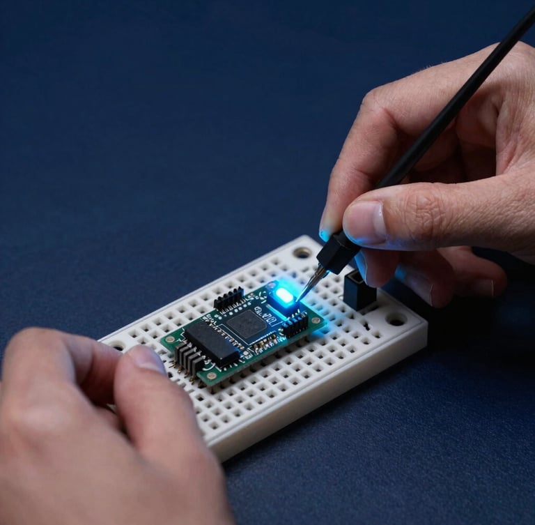 Close-up of hands wiring a microcontroller on a breadboard, vibrant cyan LED light glowing, deep slate background, sharp focus, high-contrast studio lighting
