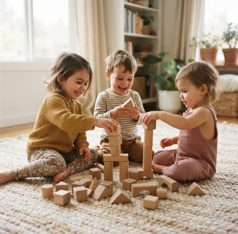 Eye-level medium shot of toddlers playing with natural wooden blocks on a sunlit rug, warm editorial style, soft natural daylight.