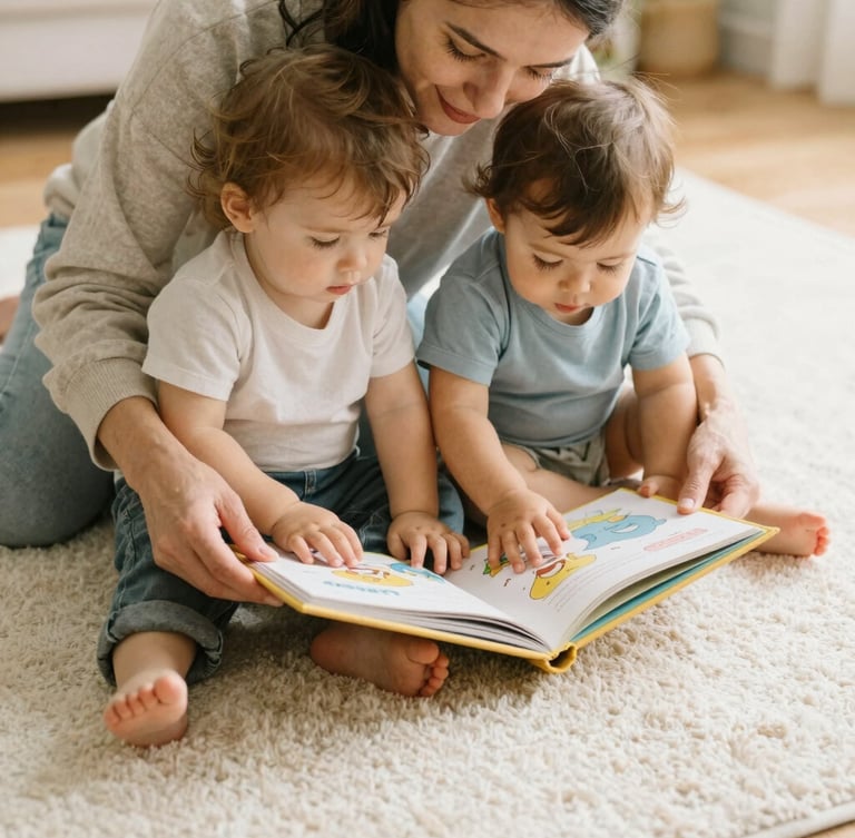 A candid eye-level shot of a caregiver reading a storybook to two toddlers on a soft cream rug, warm natural light.