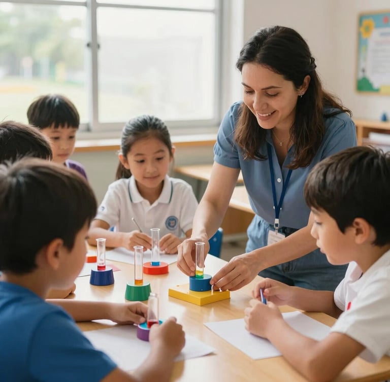 Primer plano espontáneo de manos de niños y una maestra interactuando con materiales de un experimento de física, con luz natural entrando por una ventana. Se percibe concentración y alegría genuina.