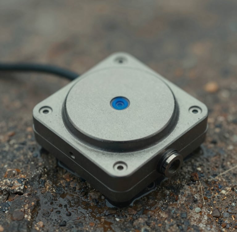 Extreme macro detail of a rugged physical sensor housing mounted on damp rock, overcast cold daylight, metallic textures, desaturated earth tones