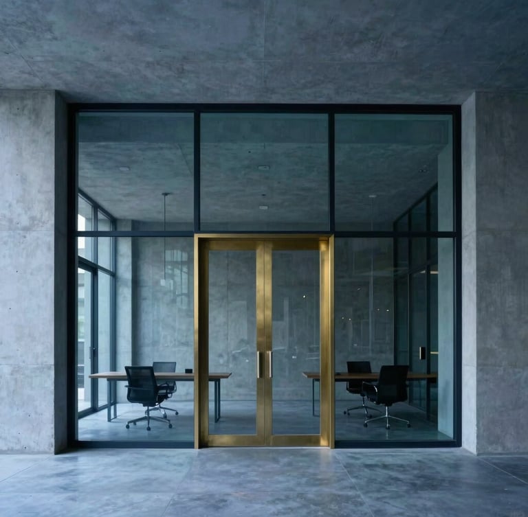 Straight-on architectural photography of a minimalist concrete and glass office interior, quiet atmosphere, soft diffused daylight, deep blue shadows