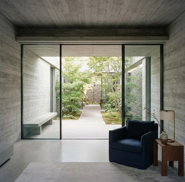 Straight-on architectural photography of a minimalist modern concrete interior with soft diffused daylight, clean shadows, showing a glimpse of a quiet courtyard