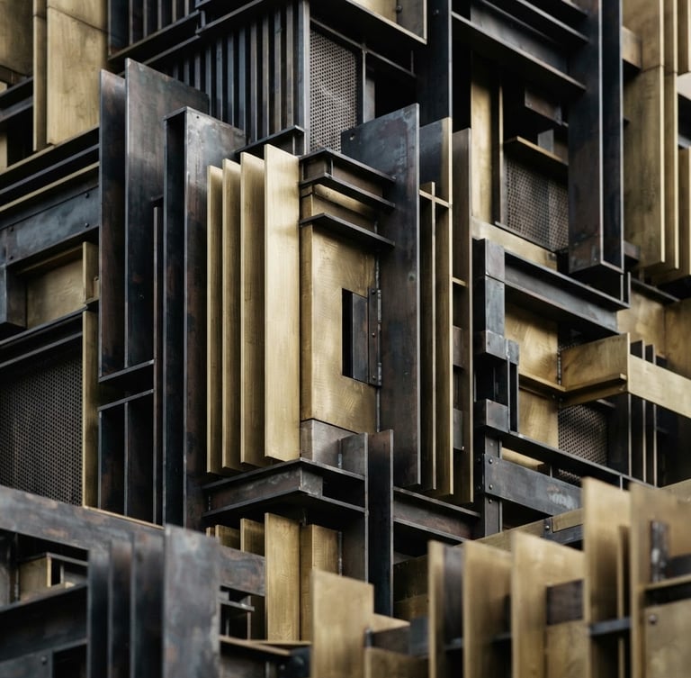 Macro detail shot of dense architectural isolation compound, brushed brass and steel layers, soft north-facing daylight, clean geometric shadows, architectural photography
