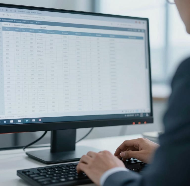 Close-up portrait shot of a chartered accountant's hands meticulously reviewing digital ledger data on a high-resolution monitor, keyboard in foreground, cool office daylight, sharp focus, desaturated blue tones, 35mm
