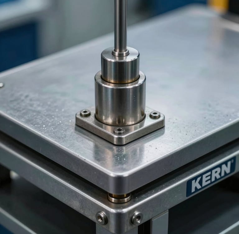 Extreme close-up of a KERN industrial scale steel platform corner and load cell, sharp cold metallic lighting, high contrast