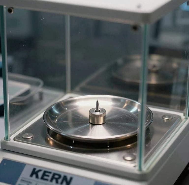 Macro close-up of a KERN analytical scale inside a glass draft shield, a single calibration weight on the stainless steel pan, clinical white studio lighting, sharp reflections on glass and metal, dark background.