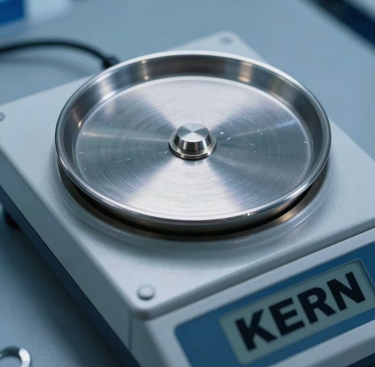 Macro studio shot of a KERN analytical scale pan, sharp metallic textures, cool blue laboratory lighting, high-contrast highlights on brushed steel.