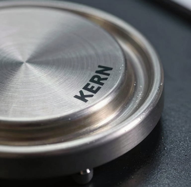 Macro close-up of a KERN scale's brushed steel weighing pan, clinical cool lighting with stark highlights emphasizing the metallic texture, dark industrial background, sharp focus on the precision-engineered edge.