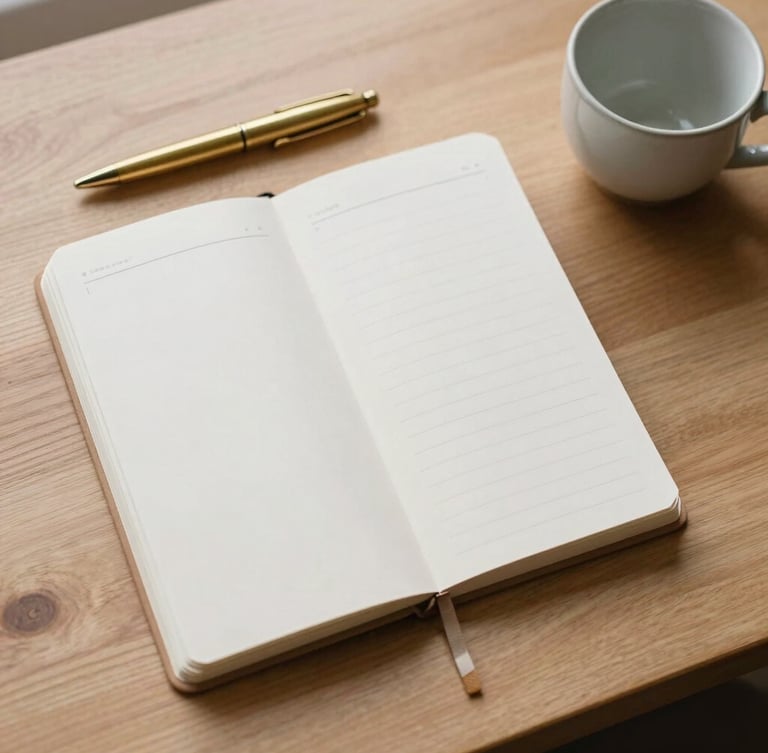 Overhead flat-lay of a minimalist paper planner, a brass pen, and a simple ceramic cup on a light oak desk in soft morning light.