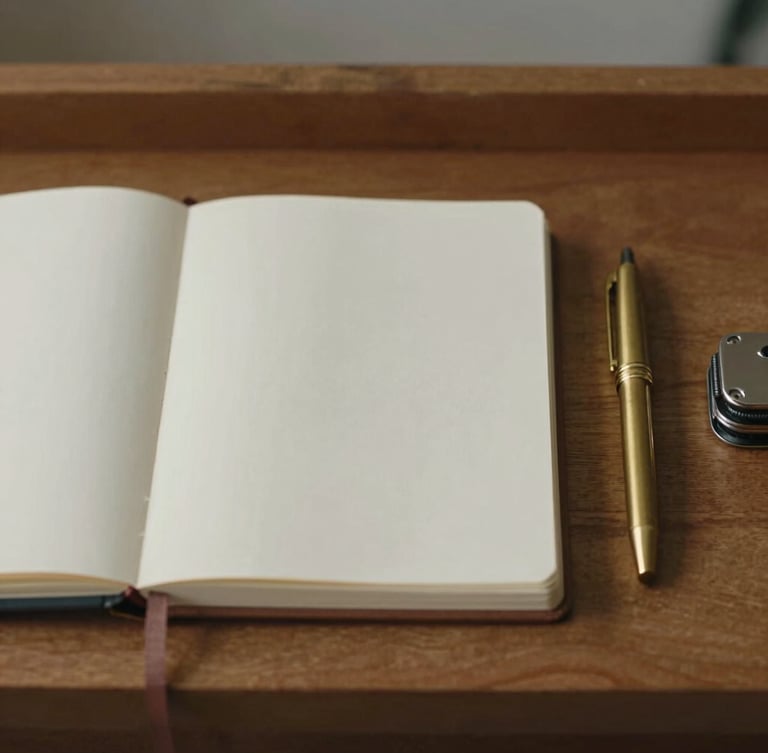 Straight-on, eye-level shot of a beautifully bound journal, a simple brass pen, and a small pocket tool arranged neatly on a wooden shelf, soft natural light.