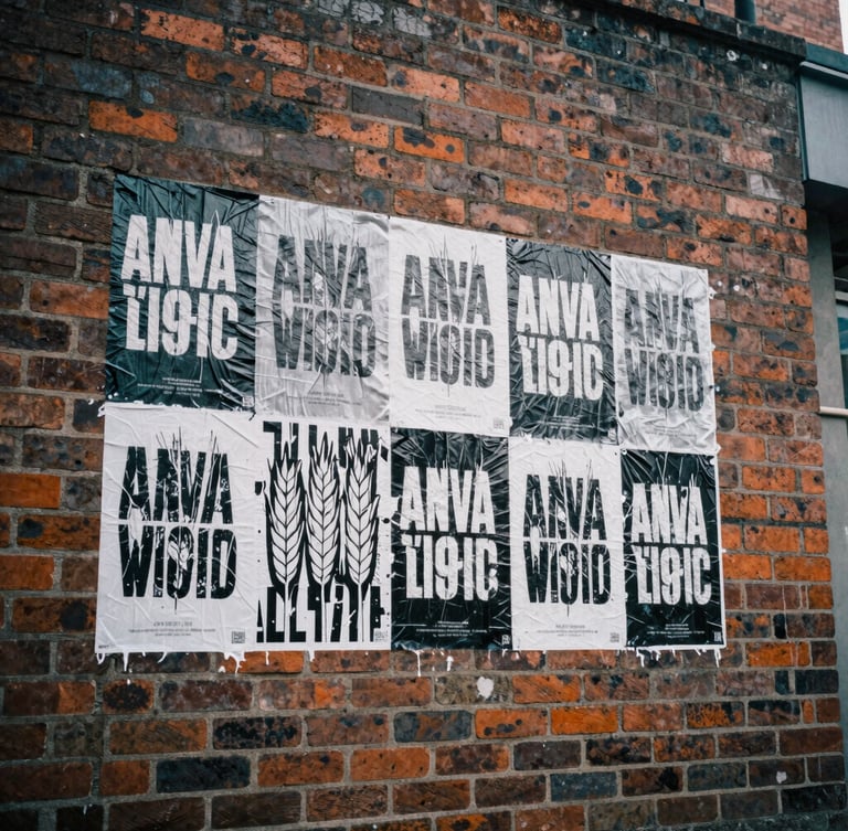 Low-angle street-level shot of a textured brick wall with fresh black and white wheatpasted posters, harsh overcast daylight, gritty film texture.