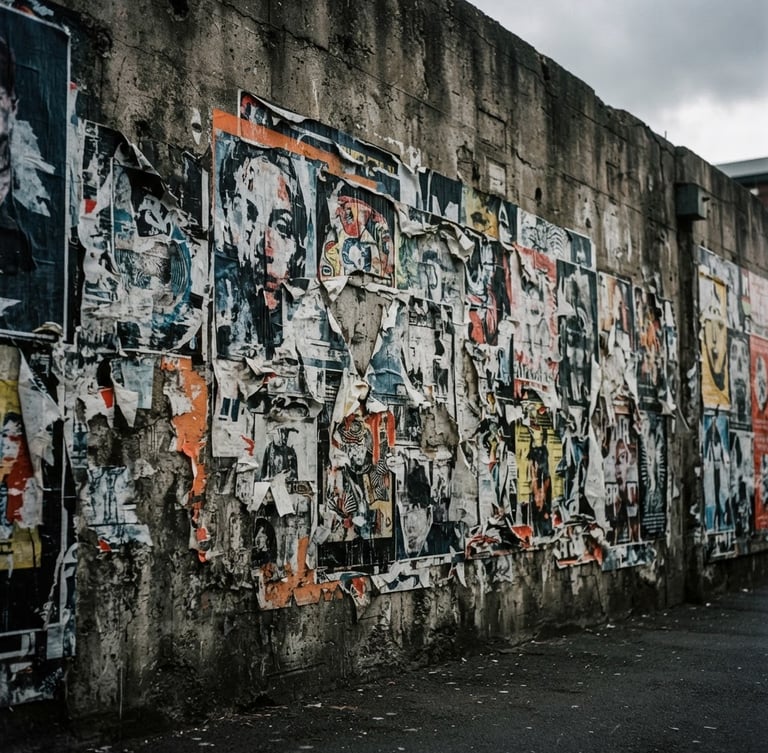 Low-angle street-level 35mm film photograph of raw wheatpasted posters on a textured concrete wall, overcast daylight, high-contrast shadows, gritty industrial texture.