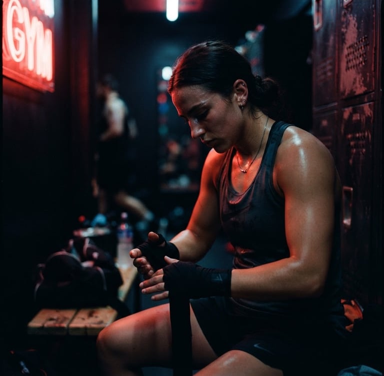 Cinematic portrait of a focused athlete wrapping their hands in the locker room, deep shadows, neon red accent light, 35mm