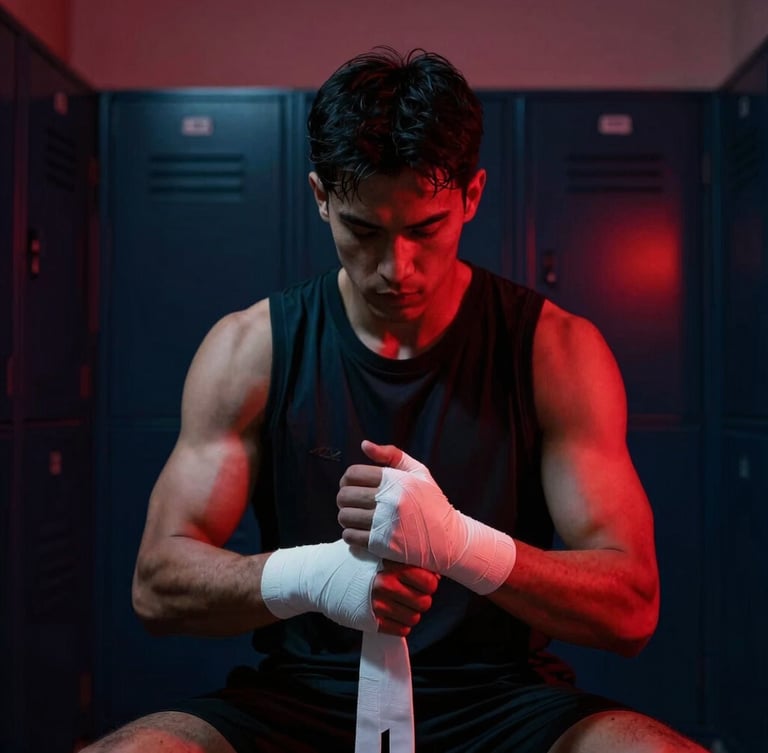 Cinematic portrait of a focused athlete wrapping their hands in a dark locker room, neon red accent lighting, deep shadows, 35mm