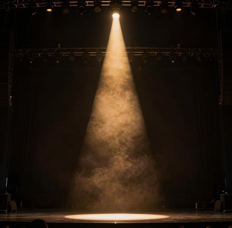 Dramatic low-angle shot of a grand concert stage, a single golden spotlight beam cutting through the haze, high contrast, deep shadows, cinematic atmosphere.
