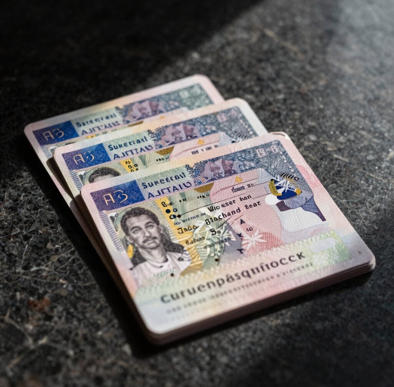 Dramatic close-up of European visa documents and passports on a dark obsidian marble surface, focused spotlight from top-right casting deep shadows, warm gold accents on document stamps, high-contrast prestige editorial style.