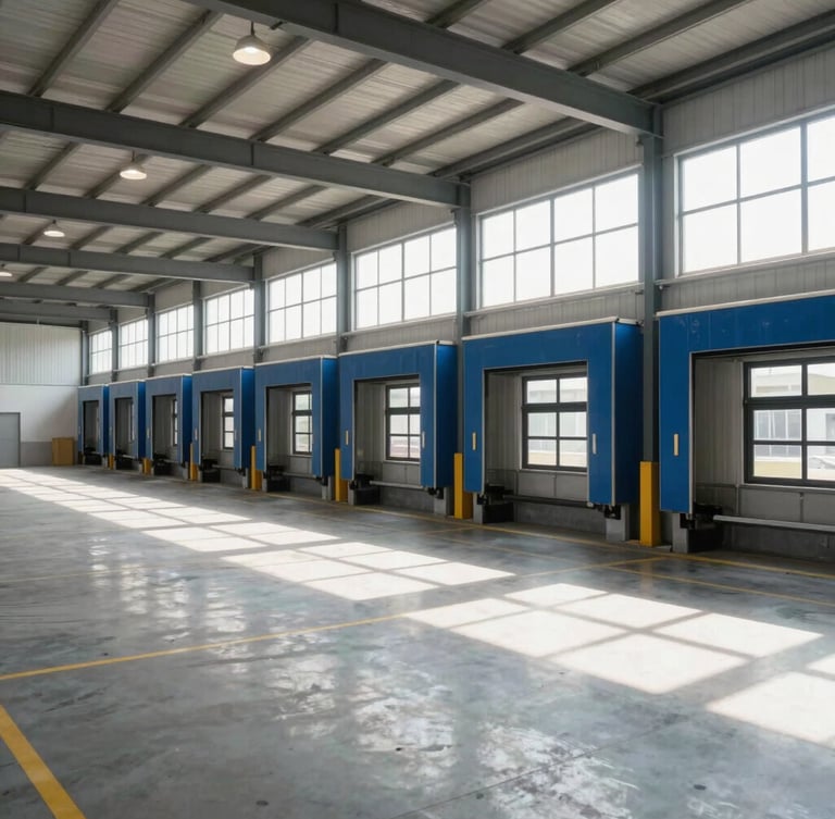 Crisp interior photo of a modern warehouse floor, sunlight streaming through high windows, clean organized loading bays, sharp focus.