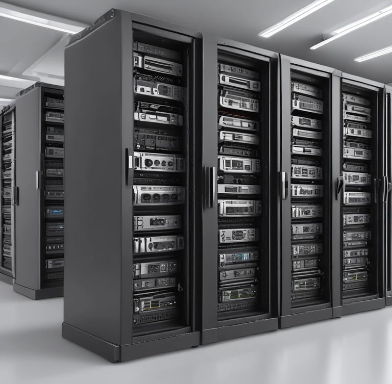 A secure server room with glowing data storage units and network cables.