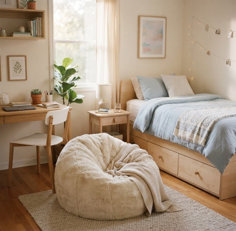Bright, morning-lit teen bedroom featuring a light birch storage bed with integrated drawers on the right, a pastel blue duvet, natural wood desk, and a cozy faux fur bean lounger, soft indirect daylight, shallow depth of field, 35mm.