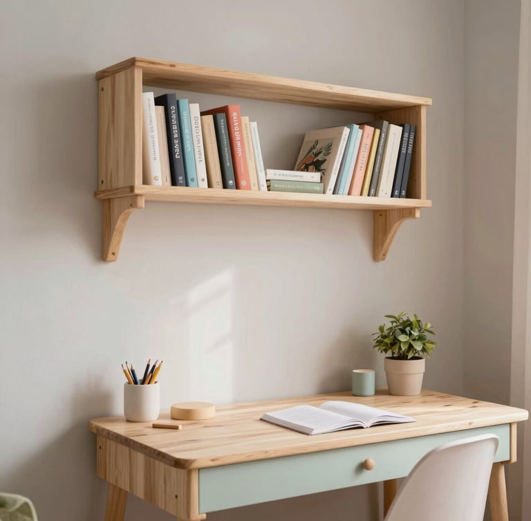 Portrait shot of a beautifully organized and styled teen bedroom, showcasing a narrow wall floating book rack and a pastel wood desk, soft indirect morning daylight, muted pastel tones, natural light birch wood, shallow depth of field, 35mm