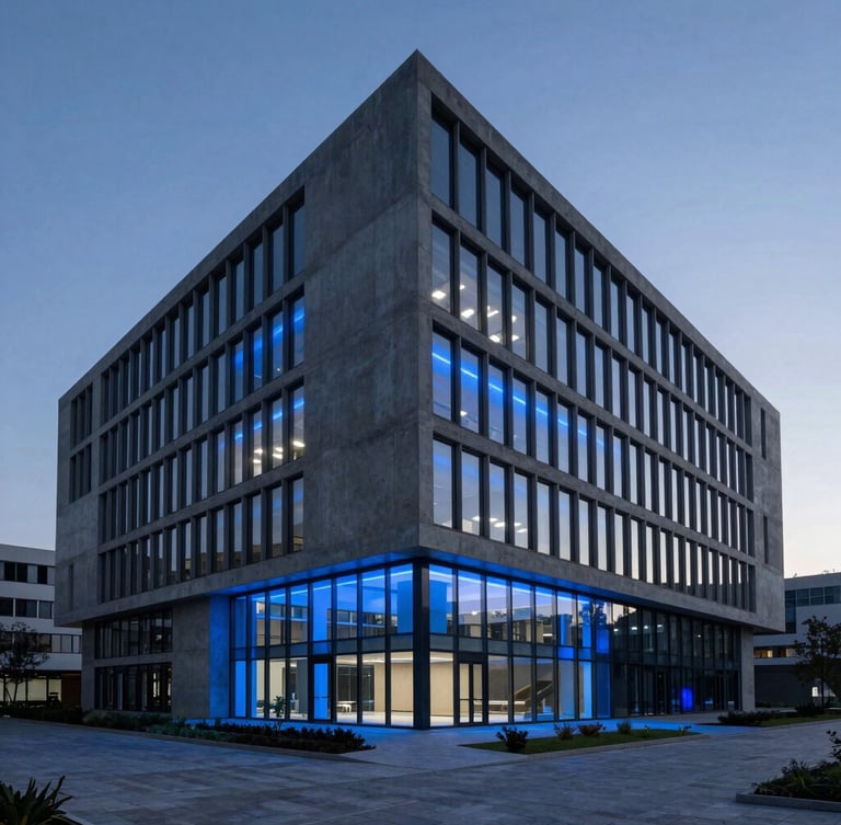 Wide environmental shot of a minimalist concrete and glass corporate headquarters at dusk, dramatic low-key lighting with electric blue interior highlights.