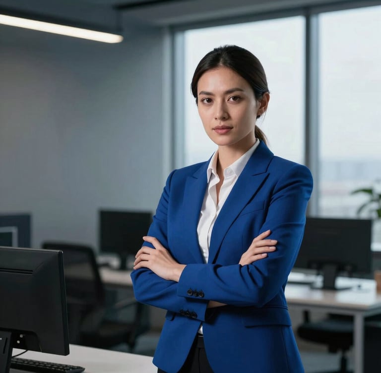 Candid portrait of a female operations executive in a modern workspace, natural window light, dramatic contrast, cool slate and electric blue tones, sharp focus.