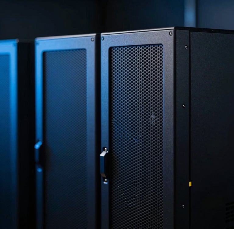 Sleek close-up of high-end server hardware in a dark room, dramatic low-key lighting, cool slate and electric blue tones, sharp focus, 35mm lens