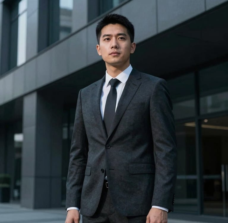 Candid portrait of a male managing director in a dark charcoal suit, low-key dramatic contrast, cool slate tones, modern architectural background, 35mm lens.