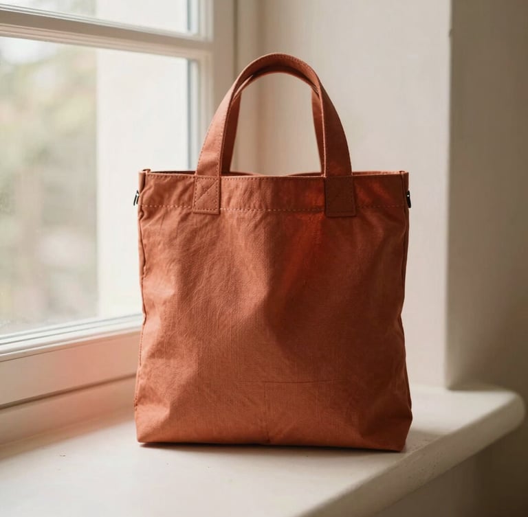 Soft morning window light illuminating a structured minimalist textile bag in terracotta canvas, placed on a warm cream plaster surface, neat stitching details visible, shallow depth of field, 35mm