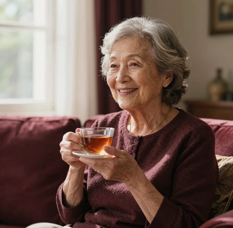 An active senior woman smiling warmly, sitting in a sunlit living room with soft window light, holding a cup of tea, warm editorial photography style