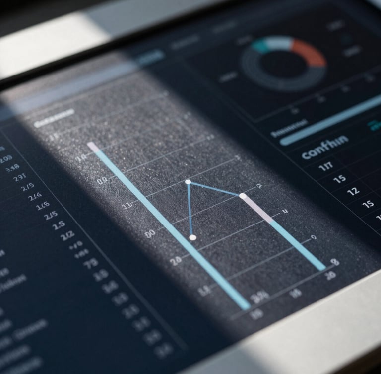 Tight macro shot of a high-contrast analytical dashboard on a physical screen, sharp shadows, cool-toned daylight