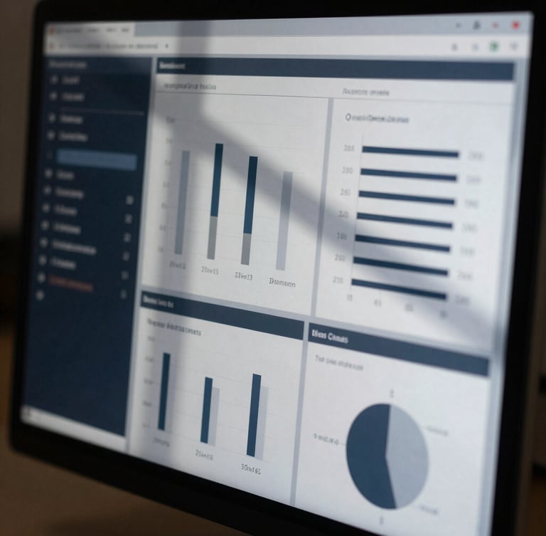 Tight macro crop of a physical monitor displaying analytical dashboards, sharp directional daylight casting shadows across the screen, cool gray and navy tones, 35mm.