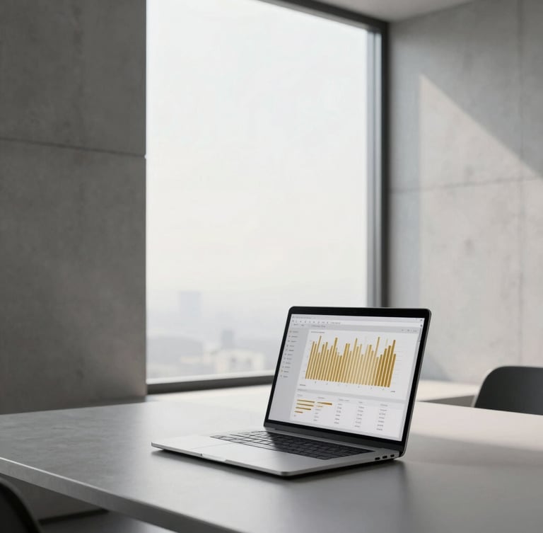 Minimalist corporate workspace, clean lines, concrete walls, large window with soft morning light, a sleek laptop showing a clean dashboard with golden data points, highly professional atmosphere.