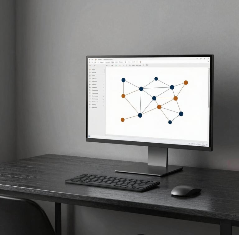 Minimalist modern workspace with a clean desk, dark brushed metal finishes, a single high-end monitor displaying clean analytical data and node networks, subtle warm amber lighting reflections.