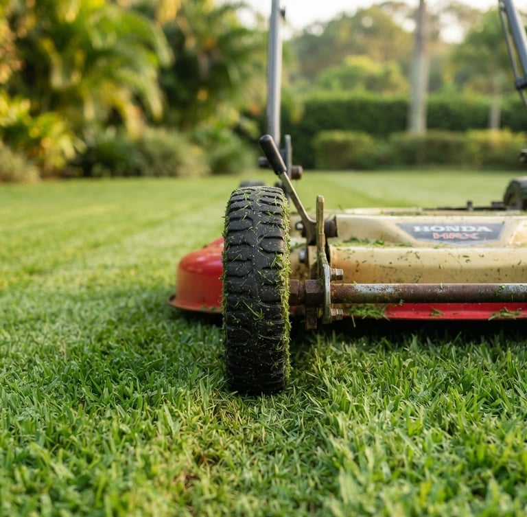 Close-up of professional gasoline lawn mower wheels on a neatly cut Brazilian flat grass lawn, soft morning light, sharp focus, 35mm lens