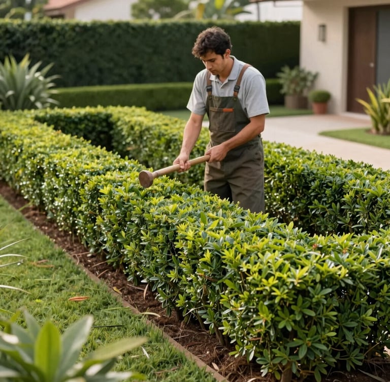 Professional gardener neatly trimming a hedge border in a real Brazilian residential garden, clean lines, natural morning daylight, sharp focus