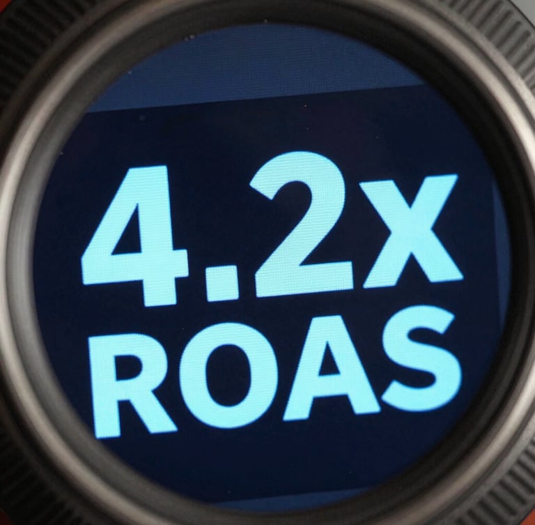 Macro view of an active performance marketing dashboard showing 4.2x ROAS in sharp light blue typography against a dark UI, metallic rim lighting.